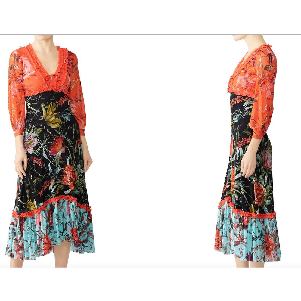 FUZZI Womens Floral Mesh Boho Ruffle Front Romantic Orange/Multi Midi Dress XS